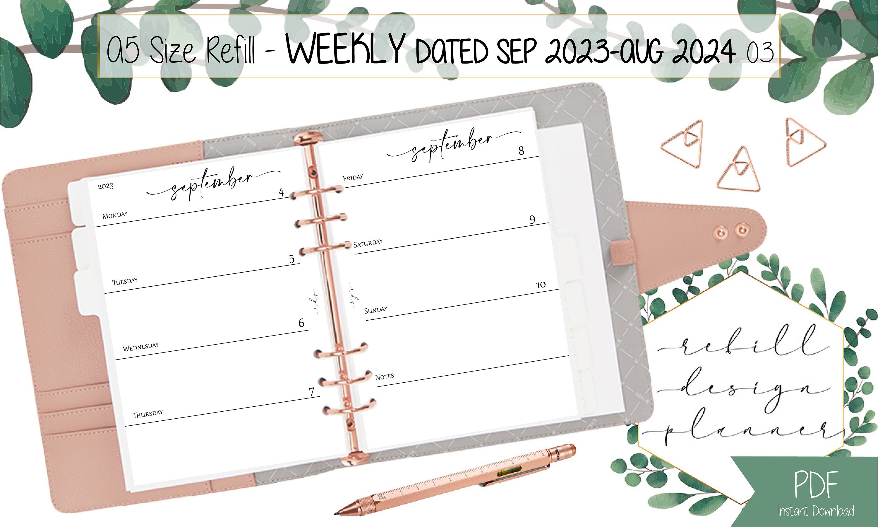 PRINTABLE A5 Size Weekly Planner Refill Horizontal Layout Week Etsy