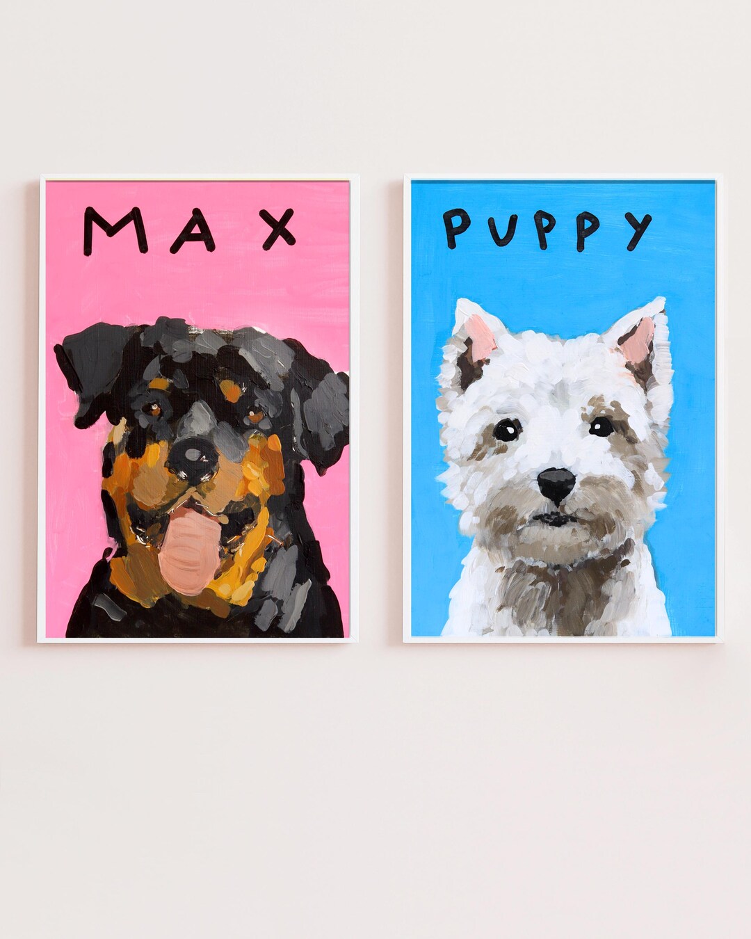 Two Dogs Portrait Set of Two Dog Portraits Personalized Hand Painted From Photo Keepsake ...