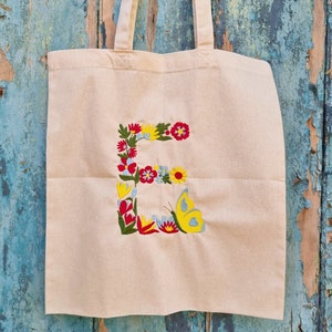 Embroidered Floral Initial Tote Bag: Personalised Cotton Canvas Shopping Bag