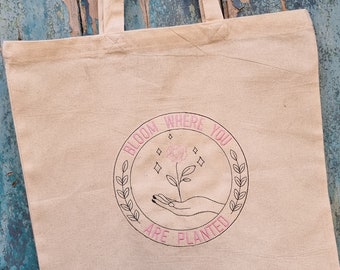 Bloom Where You Are Planted Emblem Embroidered Tote Bag | Custom Colour | Cotton Canvas Shopping Bag