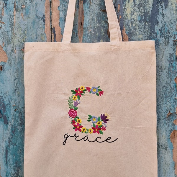 Personalised Floral Initial with Name Embroidered Natural or Black Tote | Custom Design | Personalised Colours | Cotton Canvas Shopping Bag