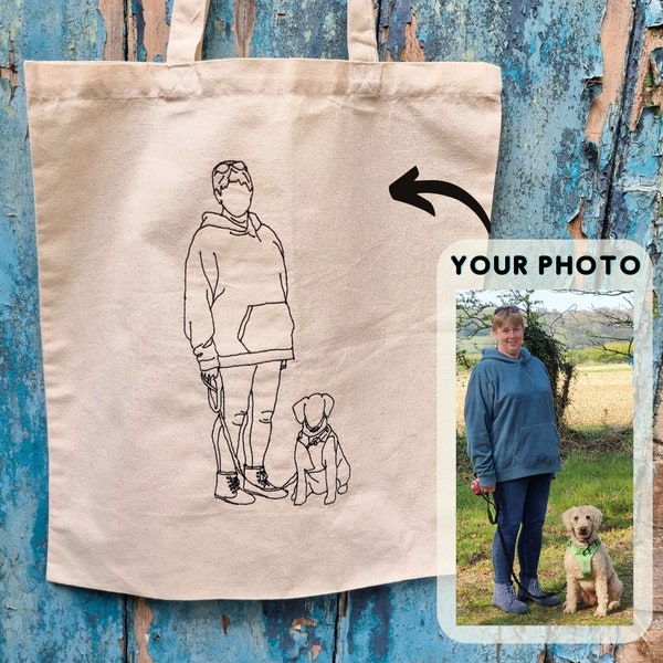 Benutzerdefinierte Line Art Foto bestickte natürliche oder schwarze Einkaufstasche | Benutzerdefinierte Fotostickerei | Personalisierte Farben | Baumwoll-Canvas Shopper Tasche