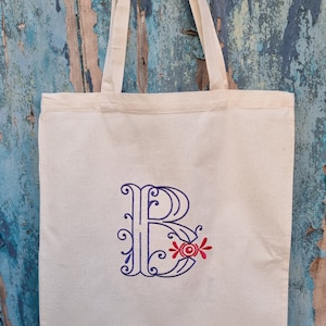 Personalised Sweet Bow Initial Embroidered Natural or Black Tote Bag | Custom Design | Personalised Colours | Cotton Canvas Shopping Bag