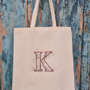 Personalised Ornate Initial Embroidered Natural or Black Tote | Large Tote| Custom Design | Personalised Colours |Cotton Canvas Shopping Bag