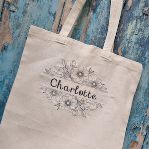 Personalised Floral Line Art Embroidered Tote Bag | Custom Colour | Cotton Canvas Shopping Bag