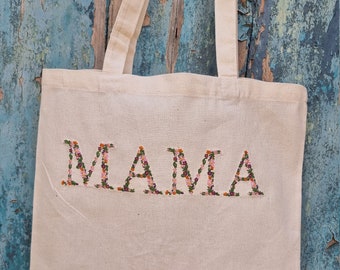 Personalised Floral MAMA Embroidered Natural or Black Tote Bag | Custom Design | Personalised Colours | Cotton Canvas Shopping Bag