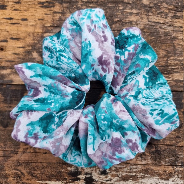 Abstract Turquoise and Grey Batik Super Soft Crepe Scrunchie | Hair Tie