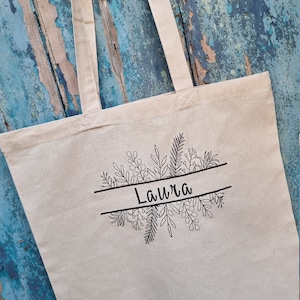 Personalised Floral Line Art Embroidered Tote Bag | Custom Colour | Cotton Canvas Shopping Bag