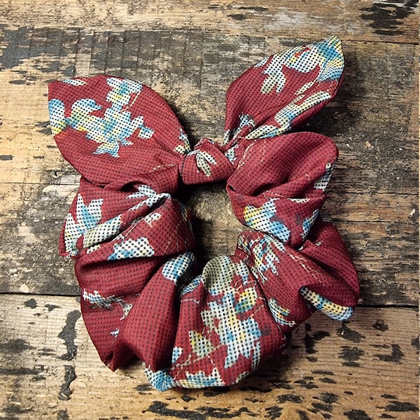 Maroon Floral Tapestry Look Super Soft Crepe Bow Scrunchie | Hair Tie | Removeable Bow