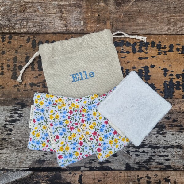 Flower Meadow Reusable Makeup Wipes | 100% Bamboo Towelling | Eco Friendly | Washable Wash Cloths | Personalised Drawstring Bag Storage