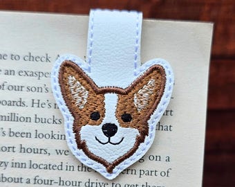 Embroidered Corgi Magnetic Bookmark: Faux Leather Book Accessory