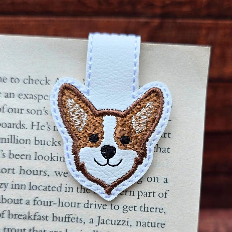 Embroidered Corgi Magnetic Bookmark: Faux Leather Book Accessory image 1