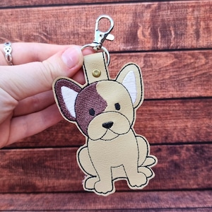 Cute Frenchie Dog Embroidered Keychain | Dog Lover Gift | Embroidered Keyring | Faux Leather Vinyl | Lobster Clip | French Bulldog Bag Charm