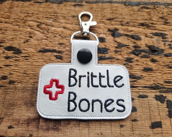 Brittle Bones Embroidered Keychain | Medical Alert Embroidered Keyring | Faux Leather Vinyl | Lobster Clip Key Fob | Medical Awareness