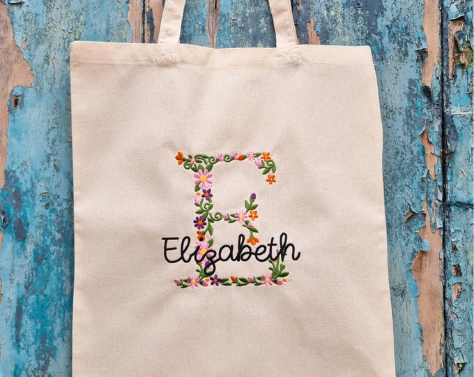 Personalised Floral Initial and Name Embroidered Tote Bag: Custom Cotton Canvas