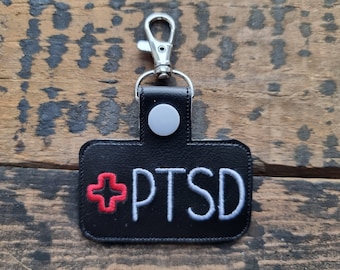 PTSD Medical Alert Keychain: Embroidered Faux Leather Keyring