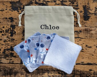 Cute Spaceman Reusable Face Wipes | Bamboo Towelling | Eco Friendly | Washable Wash Cloth | Personalised Gift | Drawstring Bag Storage