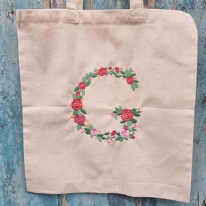 Embroidered Rose Garden Initial Tote Bag: Personalised Cotton Canvas Shopping Bag