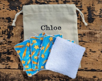 Shooting Stars Reusable Face Wipes | Bamboo Towelling | Eco Friendly | Washable Wash Cloths | Personalised Gift | Drawstring Bag Storage