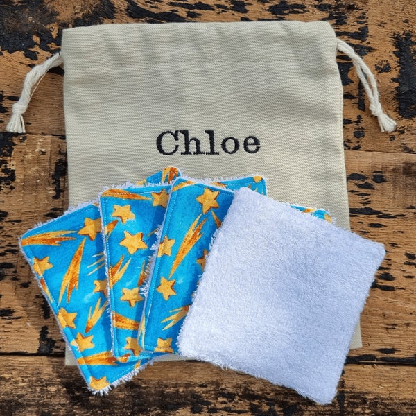 Shooting Stars Reusable Face Wipes | Bamboo Towelling | Eco Friendly | Washable Wash Cloths | Personalised Gift | Drawstring Bag Storage