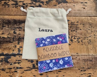 Deep Blue Florals Reusable Wipes | Bamboo Towels | Eco Friendly | Washable Wash Cloths | Personalised Gift | Drawstring Bag Storage