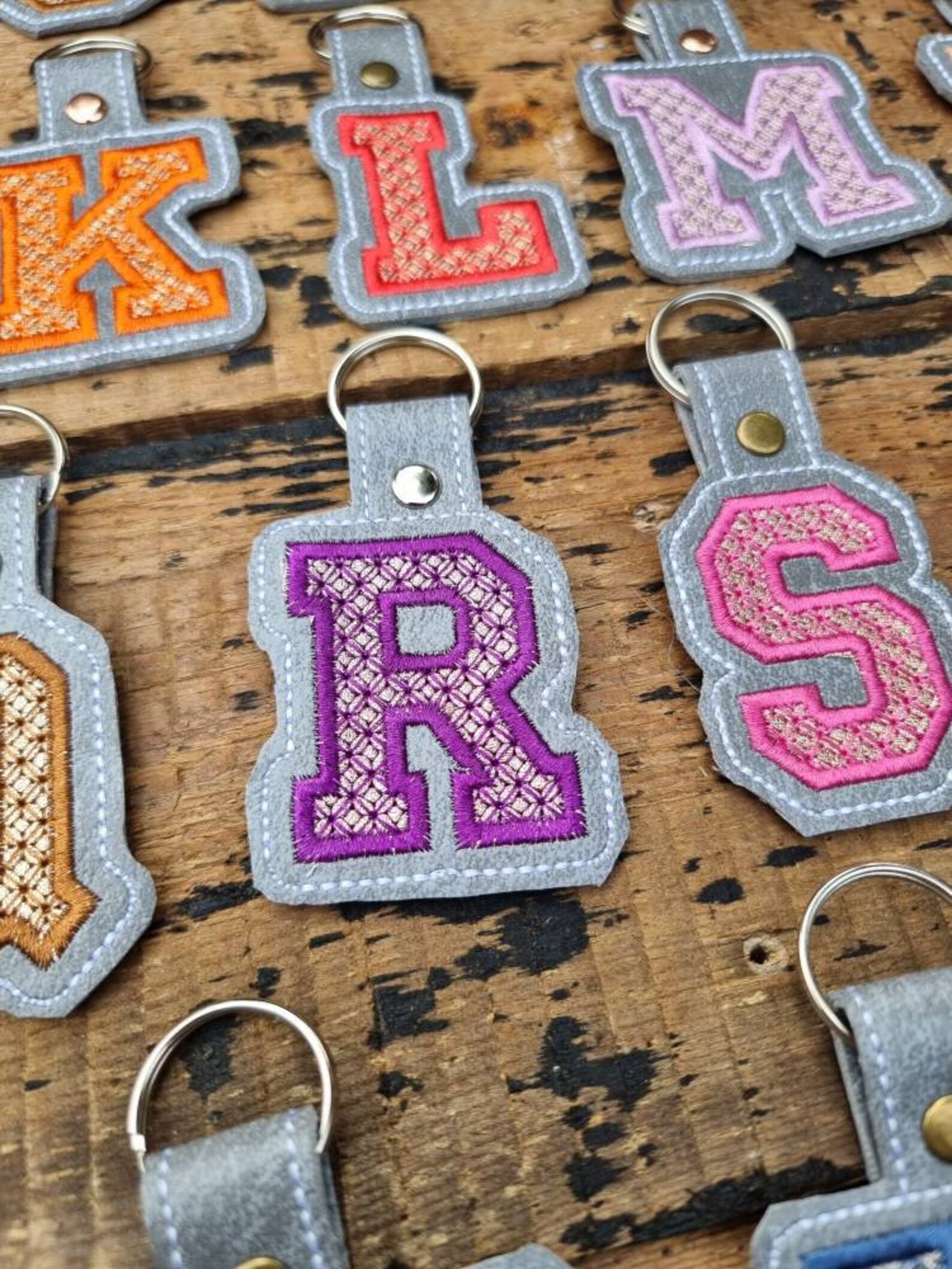 Embroidered Initial Keychain: Gold Applique on Grey Vinyl, Custom ...