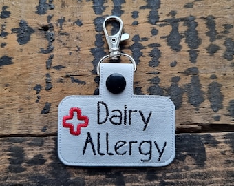 Dairy Allergy Embroidered Faux Leather Keychain: Medical Alert Keyring