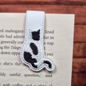 Embroidered Cat Magnetic Bookmark: Black and White Faux Leather
