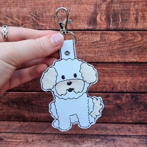 Cute Bichon Frise Embroidered Keychain | Dog Lover Gift | Embroidered Bag Tag | Faux Leather Vinyl | Lobster Clip Hardware | Cute Puppy Tag
