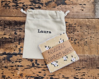 Tan and White Florals Reusable Wipes | Bamboo Towels | Eco Friendly | Washable Wash Cloths | Personalised Gift | Drawstring Bag Storage