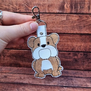 Portachiavi ricamato a forma di simpatico bulldog / Regalo per amanti dei cani / Ciondolo per borsa ricamato / Vinile in similpelle / Chiusura a moschettone / Etichetta per borsa a forma di simpatico cucciolo