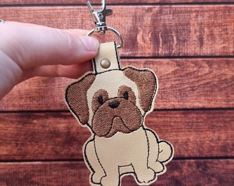 Embroidered Pug Keychain: Faux Leather Dog Lover Gift