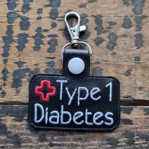 Type 1 Diabetes Embroidered Keychain | Medical Alert Embroidered Keyring | Faux Leather Vinyl | Lobster Clip Key Fob | Medical Awareness