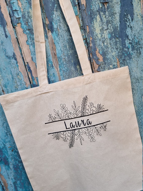 Personalised Floral Line Art Embroidered Tote Bag | Custom Colour | Cotton Canvas Shopping Bag