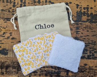 Yellow Mini Floral Reusable Makeup Wipes | Bamboo Towelling | Eco Friendly |Washable Wash Cloths | Personalised Gift |Drawstring Bag Storage