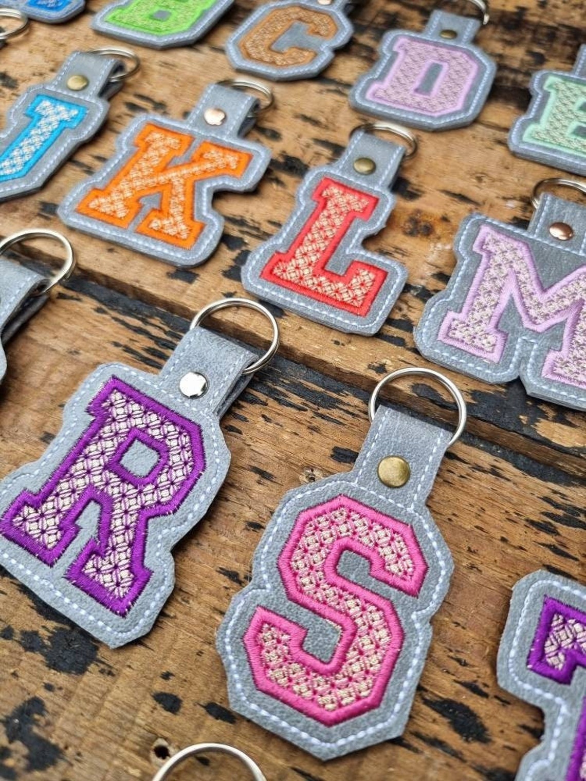 Embroidered Initial Keychain: Gold Applique on Grey Vinyl, Custom ...