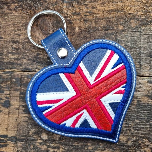 Union Jack Heart Keychain | Embroidered Keyring | Faux Leather Vinyl | Great Britain | UK Gift