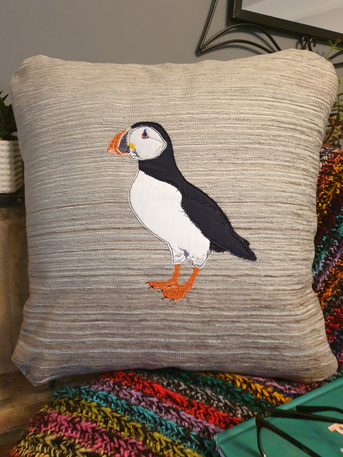 Puffin Cushion Raw Edge Applique Cushion Cover With Pad Etsy
