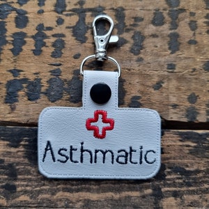 Asthmatic Embroidered Keychain | Asthma Medical Alert Embroidered Keyring | Faux Leather Vinyl | Lobster Clip Key Fob | Medical Awareness