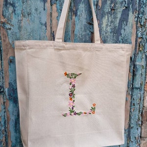 Personalised Floral Initial Embroidered Natural Canvas Bag | Custom Design and Size| Personalised Colours | Cotton Canvas Shopping Bag | 5oz