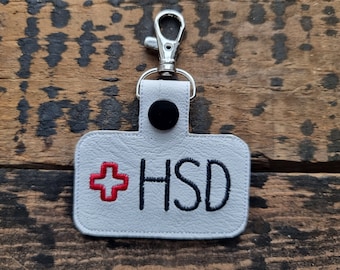 HSD Embroidered Keychain | Hypermobility Medical Alert Embroidered Keyring | Faux Leather Vinyl | Lobster Clip Key Fob | Medical Awareness