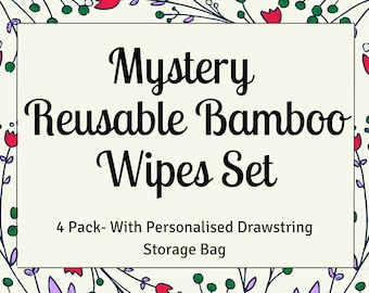 Mystery Reusable Bamboo Wipes | Random 4 Pack |  Bamboo Towelling | Eco Friendly | Washable Wash Cloths |Personalised Drawstring Storage Bag