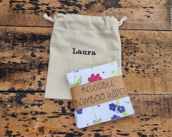 White and Blue Pansies Reusable Wipes | Bamboo Towels | Eco Friendly | Washable Wash Cloths | Personalised Gift | Drawstring Bag Storage