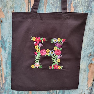 Personalised Floral Initial Embroidered Tote Bag - Custom Colours