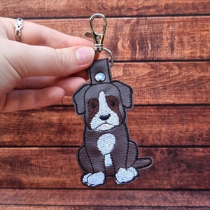 Cute Boxer Embroidered Keychain | Dog Lover Gift | Embroidered Bag Charm | Faux Leather Vinyl | Lobster Clip Hardware | Cute Puppy Bag Tag