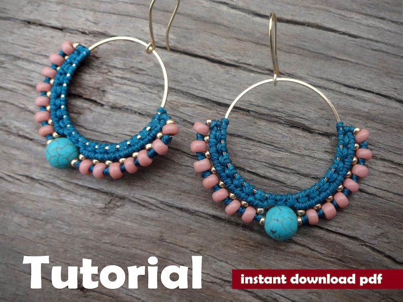 May include: A pair of turquoise and pink beaded hoop earrings with gold hoops. The earrings are handmade and feature a turquoise stone bead in the center of each earring.  The beads are strung on a turquoise cord and are accented with pink beads.  The earrings are a beautiful and unique piece of jewelry that would make a great gift for any occasion.  Tutorial: instant download pdf