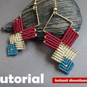 May include: A pair of red, white and blue macrame earrings with gold beads and a square shape. The earrings are hanging from a wooden surface. The text "Tutorial instant download pdf" is at the bottom of the image.