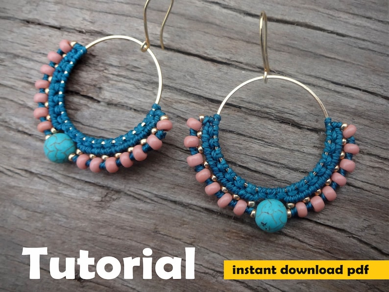 May include: A pair of turquoise and pink beaded hoop earrings with gold hoops. The earrings are handmade and feature a macrame style design.  Tutorial: instant download pdf