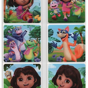 May include: A sheet of stickers featuring Dora the Explorer and her friends. The stickers showcase Dora in various poses with Boots, Swiper, and other characters. The background includes lush greenery and tropical settings. The stickers are rectangular with rounded corners.