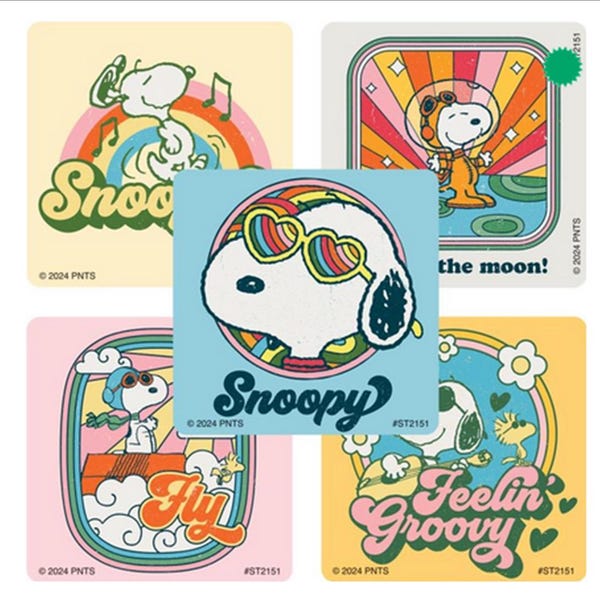 25 (Licensed) Peanuts Snoopy Retro Stickers, 2.5" x 2.5" each, Party Favors